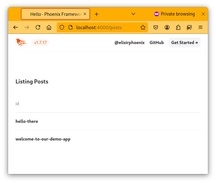 A web browser showing the posts index page, listing all the post IDs