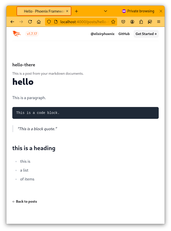 A web browser showing the posts show page, displaying the contents of the document hello-there.md as HTML, styled appropriately