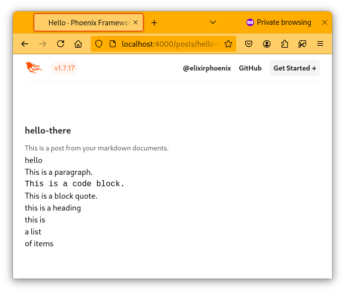 A web browser showing the posts show page, displaying the unstyled contents of the document hello-there.md as HTML